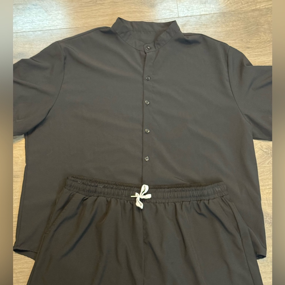Black Button-Front Top and Drawstring Summer Shorts Set